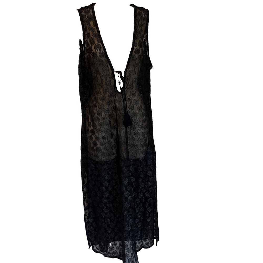 Cupshe NWT Womens Lace Sheer Plunge MIDI Swim Cover-up Dress Black Large